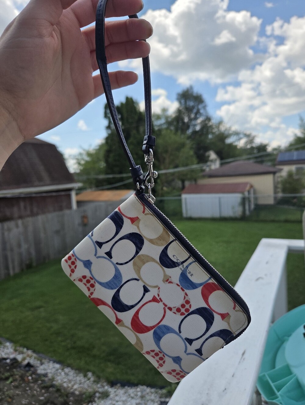 Coach Vintage Signature C Print Wristlet Wallet Red Blue Tan Coated Canvas